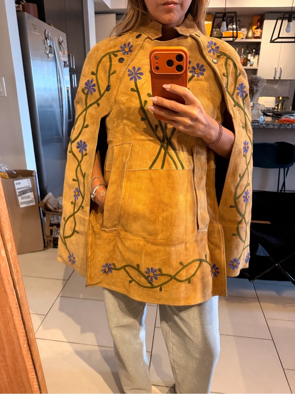 Vintage floral motif Suede cape coat tan color